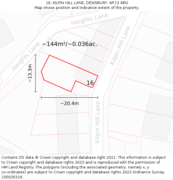16, KILPIN HILL LANE, DEWSBURY, WF13 4BG: Plot and title map
