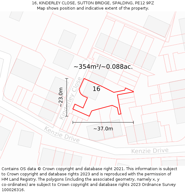 16, KINDERLEY CLOSE, SUTTON BRIDGE, SPALDING, PE12 9PZ: Plot and title map