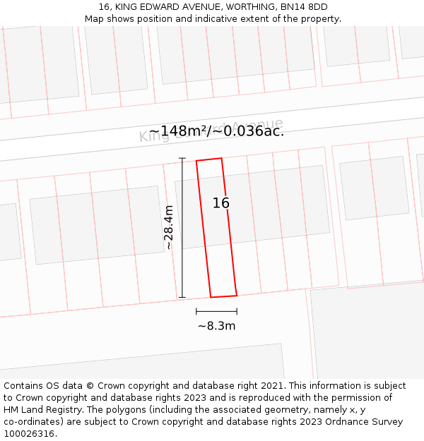 16, KING EDWARD AVENUE, WORTHING, BN14 8DD: Plot and title map