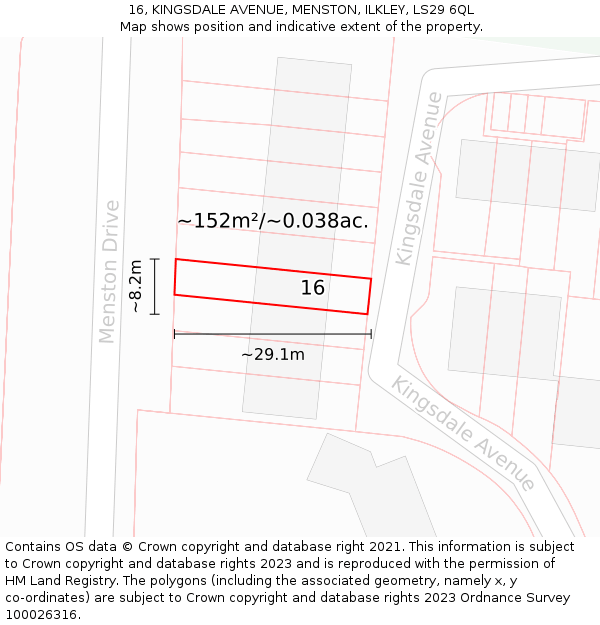 16, KINGSDALE AVENUE, MENSTON, ILKLEY, LS29 6QL: Plot and title map