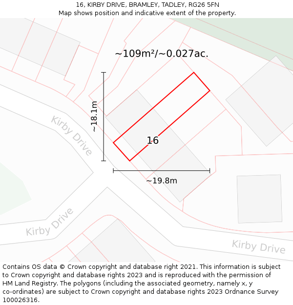 16, KIRBY DRIVE, BRAMLEY, TADLEY, RG26 5FN: Plot and title map