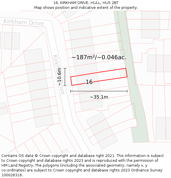 16, KIRKHAM DRIVE, HULL, HU5 2BT: Plot and title map