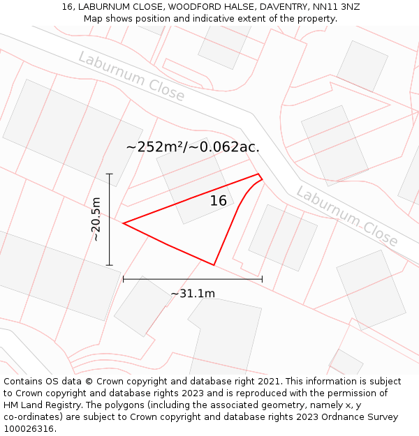 16, LABURNUM CLOSE, WOODFORD HALSE, DAVENTRY, NN11 3NZ: Plot and title map