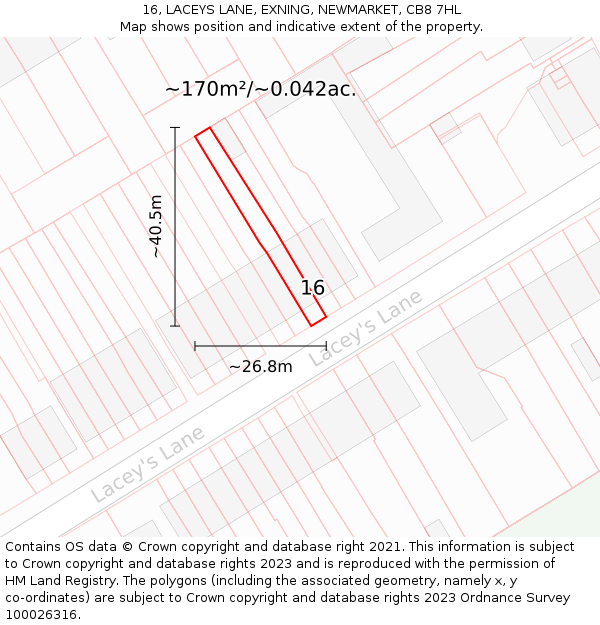 16, LACEYS LANE, EXNING, NEWMARKET, CB8 7HL: Plot and title map