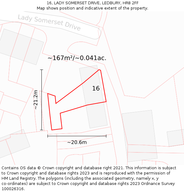 16, LADY SOMERSET DRIVE, LEDBURY, HR8 2FF: Plot and title map