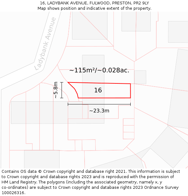 16, LADYBANK AVENUE, FULWOOD, PRESTON, PR2 9LY: Plot and title map