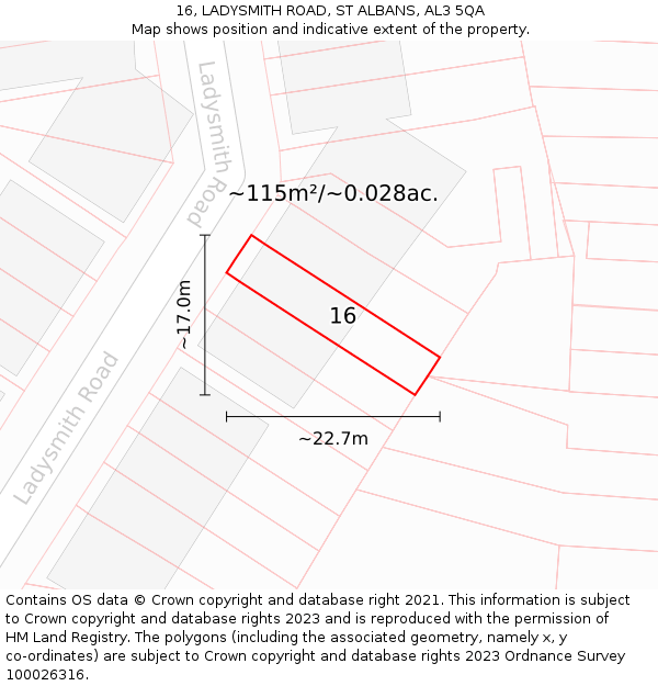 16, LADYSMITH ROAD, ST ALBANS, AL3 5QA: Plot and title map