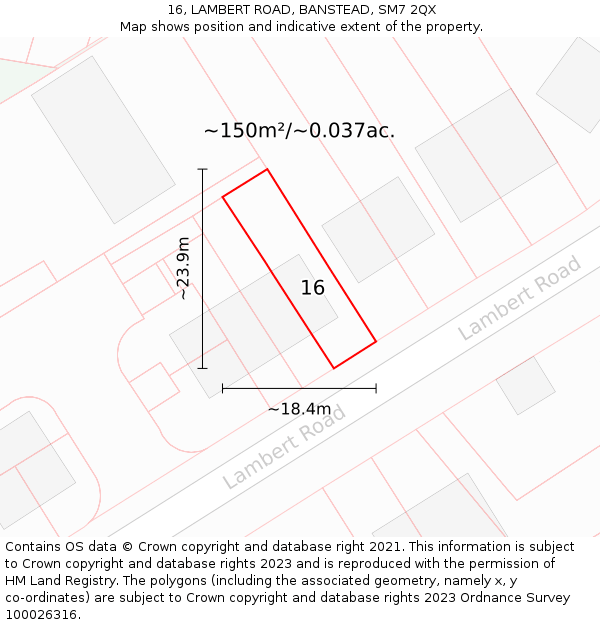 16, LAMBERT ROAD, BANSTEAD, SM7 2QX: Plot and title map