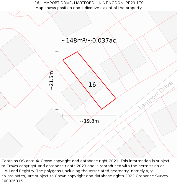 16, LAMPORT DRIVE, HARTFORD, HUNTINGDON, PE29 1ES: Plot and title map