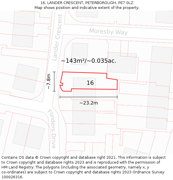 16, LANDER CRESCENT, PETERBOROUGH, PE7 0LZ: Plot and title map