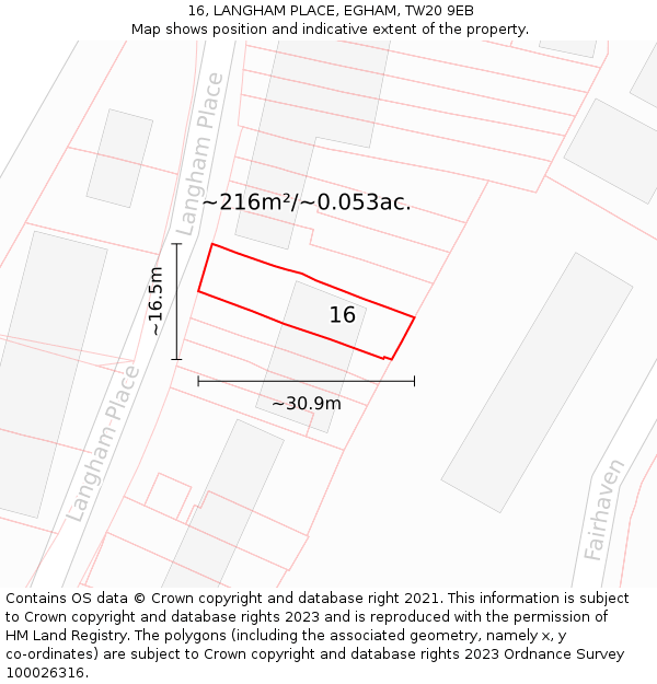 16, LANGHAM PLACE, EGHAM, TW20 9EB: Plot and title map