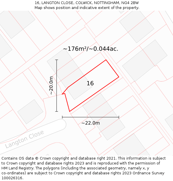 16, LANGTON CLOSE, COLWICK, NOTTINGHAM, NG4 2BW: Plot and title map