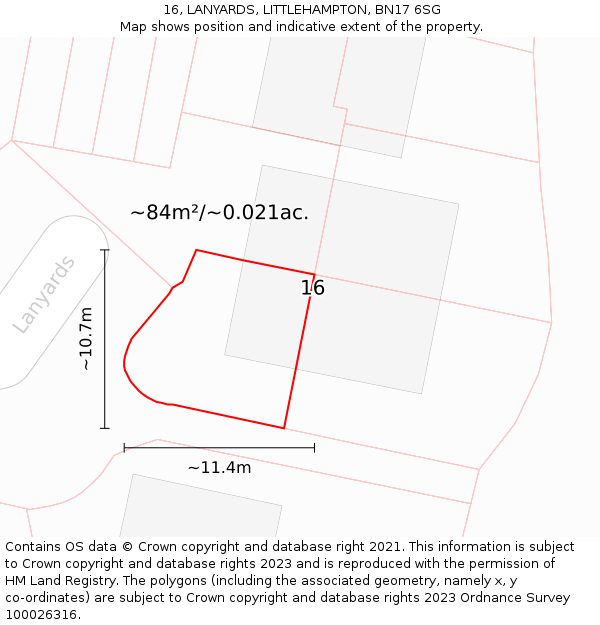 16, LANYARDS, LITTLEHAMPTON, BN17 6SG: Plot and title map