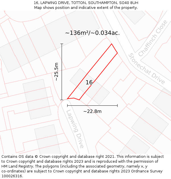 16, LAPWING DRIVE, TOTTON, SOUTHAMPTON, SO40 8UH: Plot and title map