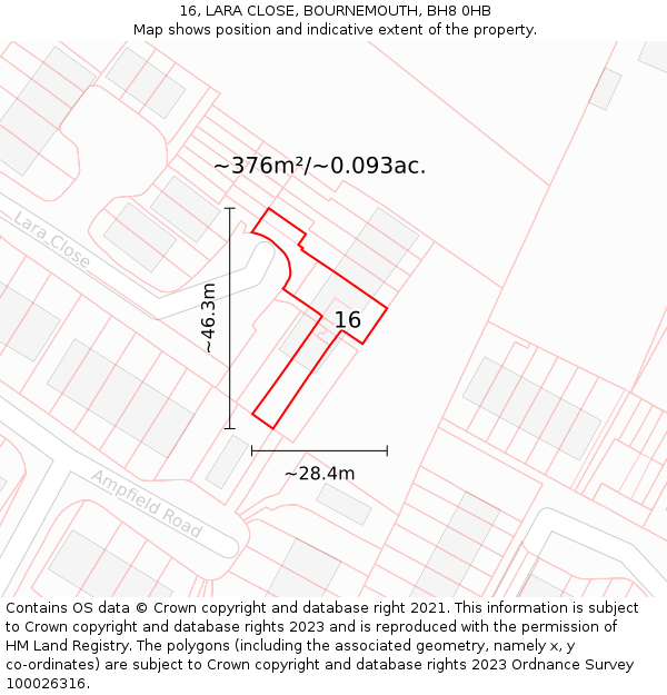 16, LARA CLOSE, BOURNEMOUTH, BH8 0HB: Plot and title map