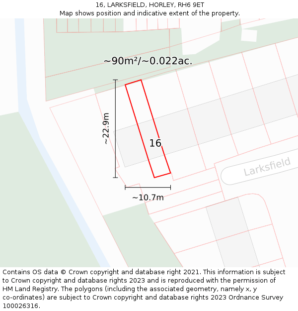 16, LARKSFIELD, HORLEY, RH6 9ET: Plot and title map