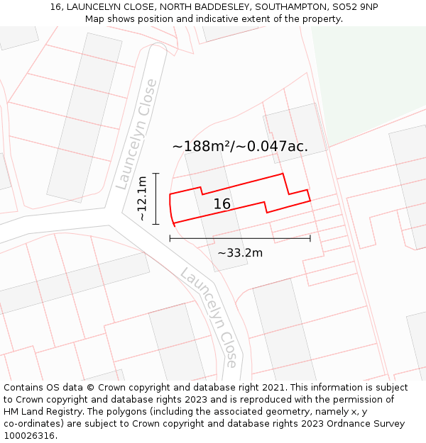 16, LAUNCELYN CLOSE, NORTH BADDESLEY, SOUTHAMPTON, SO52 9NP: Plot and title map