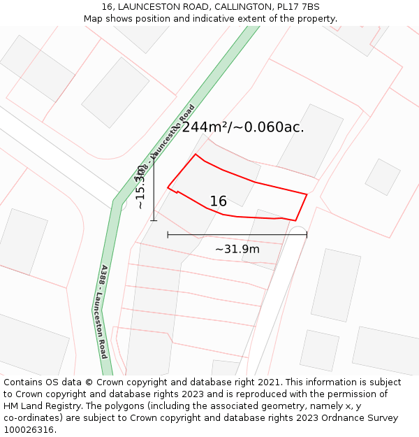 16, LAUNCESTON ROAD, CALLINGTON, PL17 7BS: Plot and title map