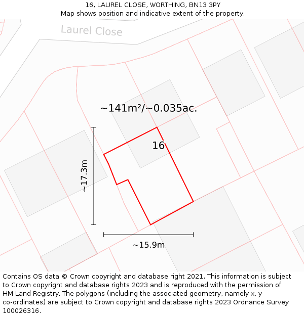 16, LAUREL CLOSE, WORTHING, BN13 3PY: Plot and title map