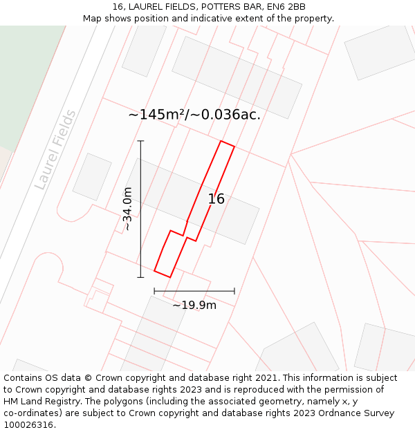 16, LAUREL FIELDS, POTTERS BAR, EN6 2BB: Plot and title map