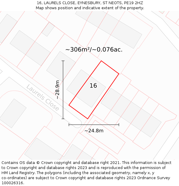 16, LAURELS CLOSE, EYNESBURY, ST NEOTS, PE19 2HZ: Plot and title map