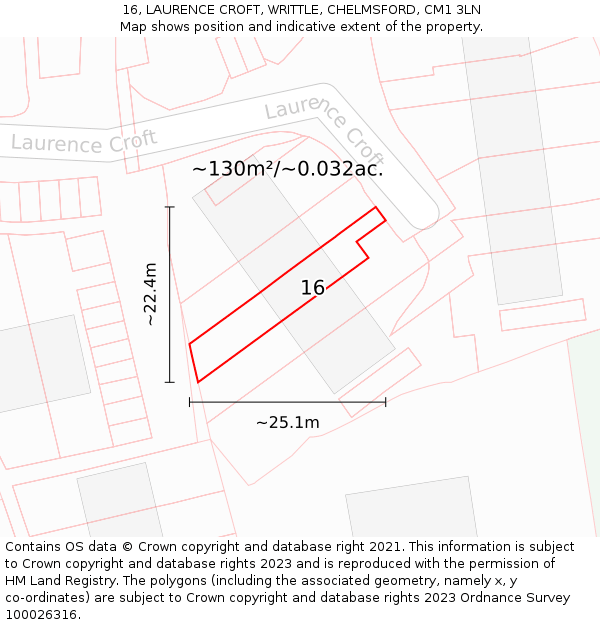 16, LAURENCE CROFT, WRITTLE, CHELMSFORD, CM1 3LN: Plot and title map