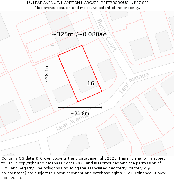 16, LEAF AVENUE, HAMPTON HARGATE, PETERBOROUGH, PE7 8EF: Plot and title map