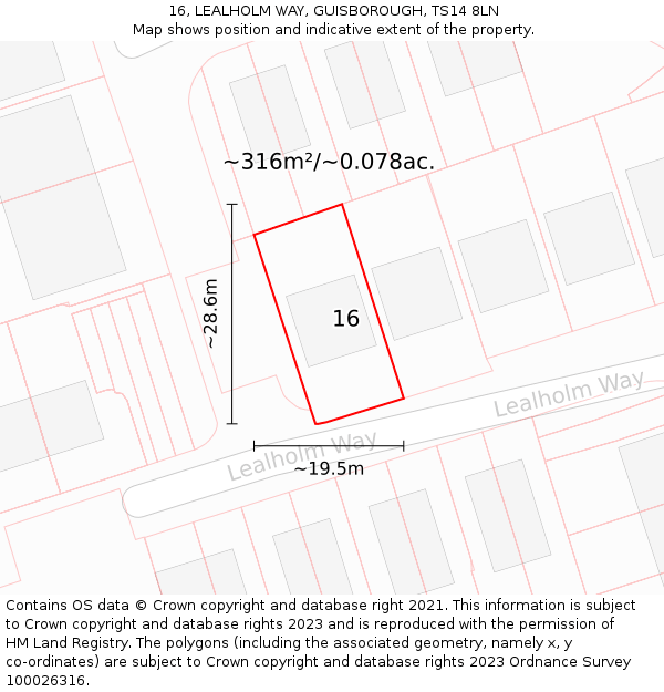 16, LEALHOLM WAY, GUISBOROUGH, TS14 8LN: Plot and title map