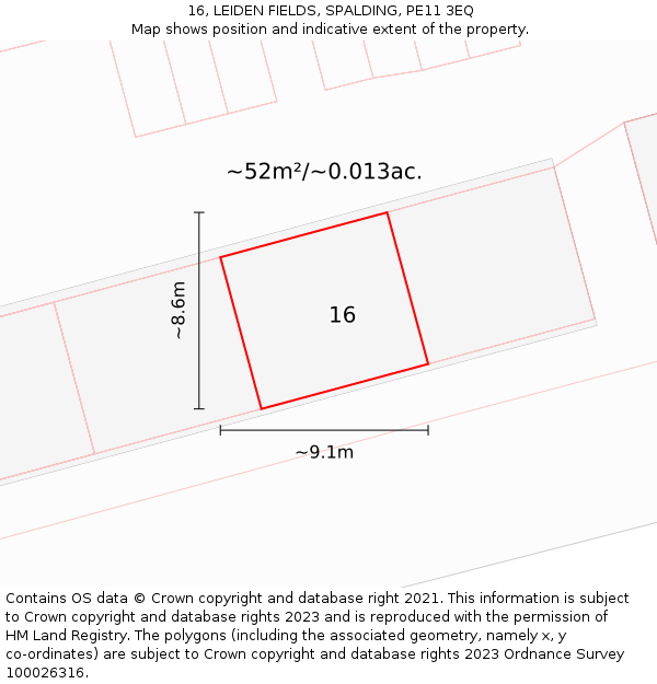 16, LEIDEN FIELDS, SPALDING, PE11 3EQ: Plot and title map