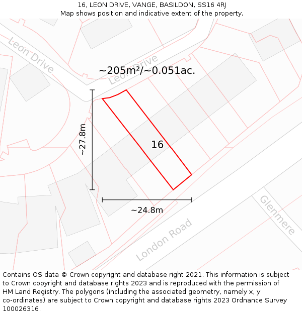 16, LEON DRIVE, VANGE, BASILDON, SS16 4RJ: Plot and title map