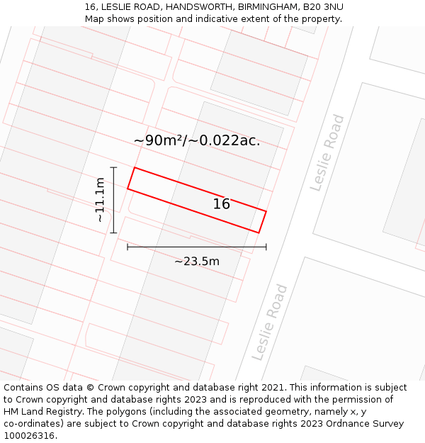 16, LESLIE ROAD, HANDSWORTH, BIRMINGHAM, B20 3NU: Plot and title map