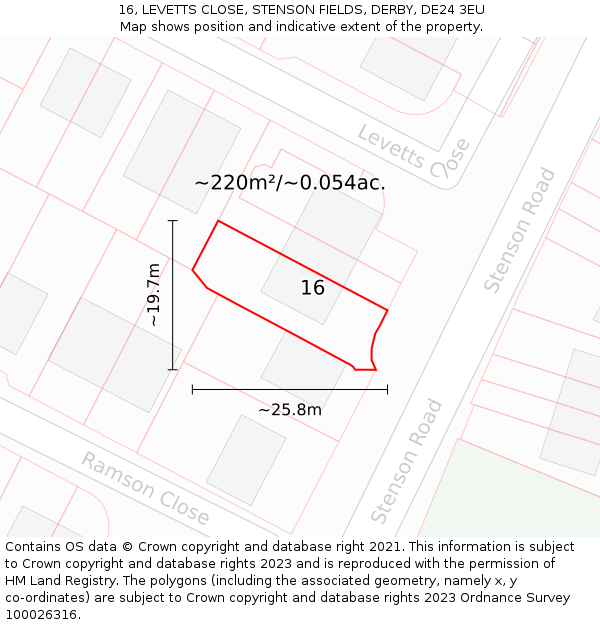 16, LEVETTS CLOSE, STENSON FIELDS, DERBY, DE24 3EU: Plot and title map