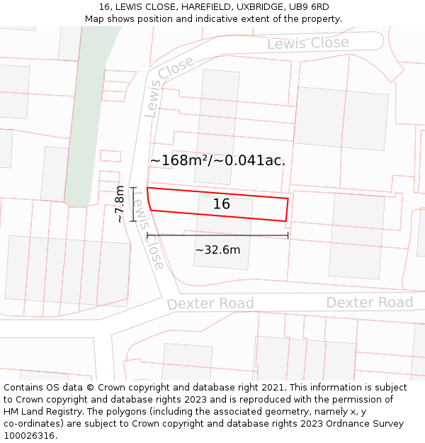 16, LEWIS CLOSE, HAREFIELD, UXBRIDGE, UB9 6RD: Plot and title map