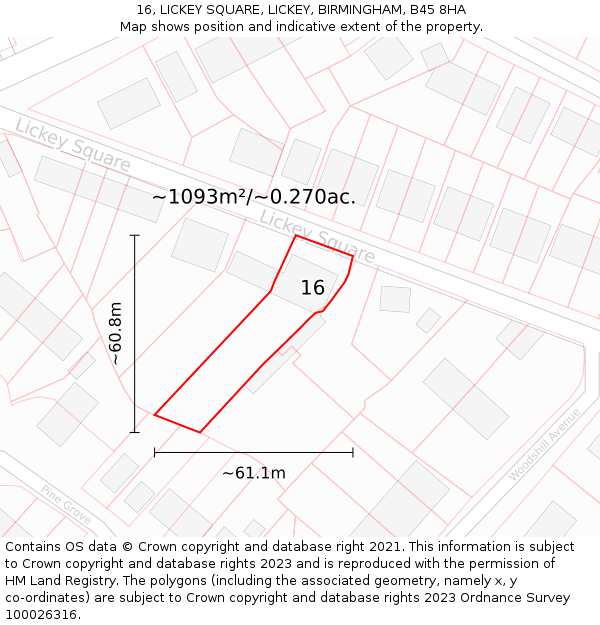 16, LICKEY SQUARE, LICKEY, BIRMINGHAM, B45 8HA: Plot and title map