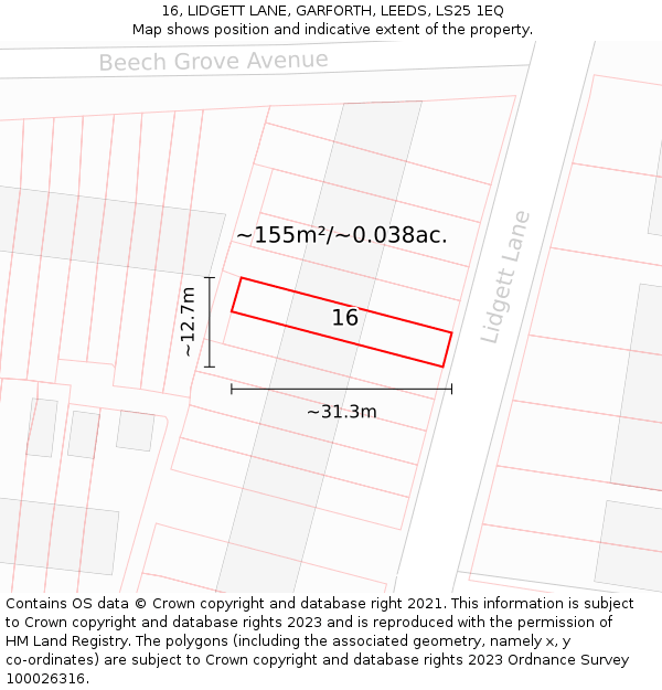 16, LIDGETT LANE, GARFORTH, LEEDS, LS25 1EQ: Plot and title map