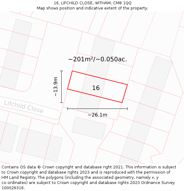 16, LIFCHILD CLOSE, WITHAM, CM8 1QQ: Plot and title map
