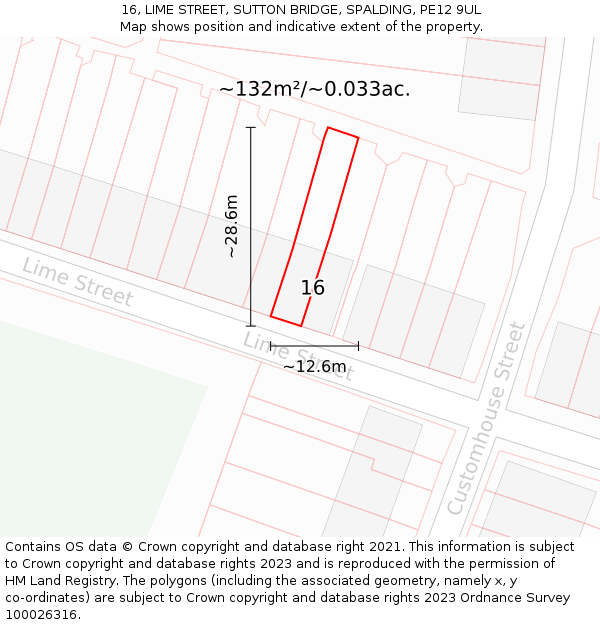 16, LIME STREET, SUTTON BRIDGE, SPALDING, PE12 9UL: Plot and title map