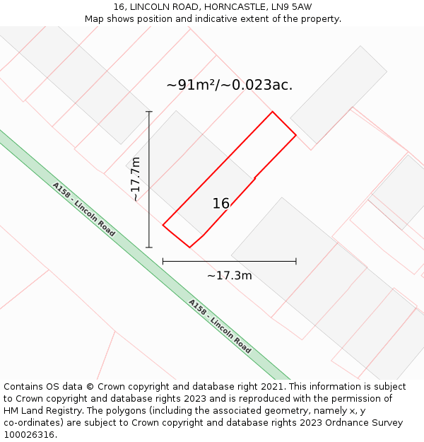 16, LINCOLN ROAD, HORNCASTLE, LN9 5AW: Plot and title map