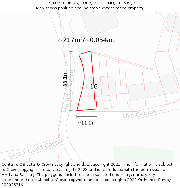 16, LLYS CEIRIOS, COITY, BRIDGEND, CF35 6QB: Plot and title map