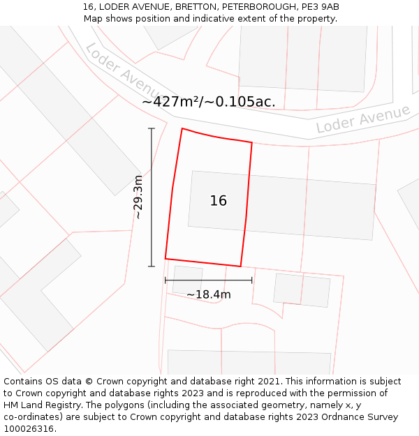 16, LODER AVENUE, BRETTON, PETERBOROUGH, PE3 9AB: Plot and title map