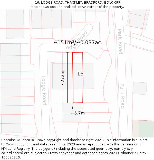16, LODGE ROAD, THACKLEY, BRADFORD, BD10 0RF: Plot and title map