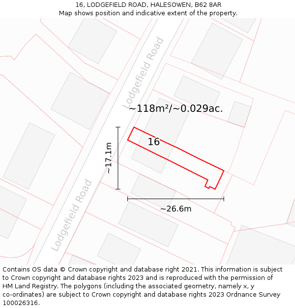 16, LODGEFIELD ROAD, HALESOWEN, B62 8AR: Plot and title map