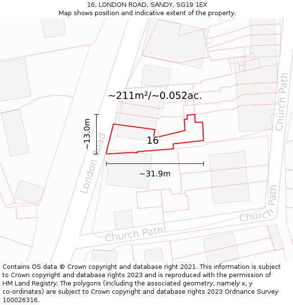 16, LONDON ROAD, SANDY, SG19 1EX: Plot and title map