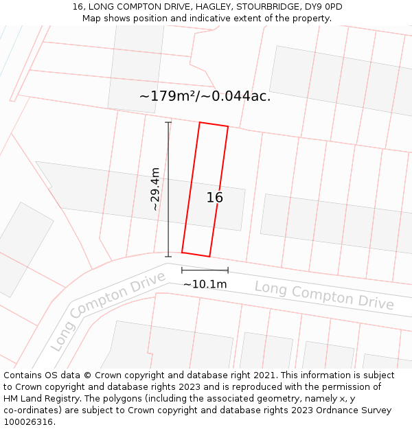 16, LONG COMPTON DRIVE, HAGLEY, STOURBRIDGE, DY9 0PD: Plot and title map