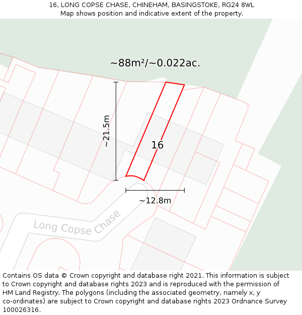16, LONG COPSE CHASE, CHINEHAM, BASINGSTOKE, RG24 8WL: Plot and title map