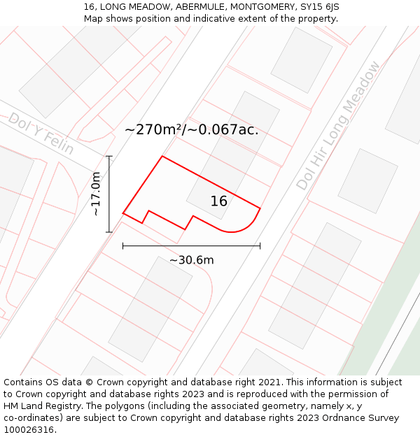 16, LONG MEADOW, ABERMULE, MONTGOMERY, SY15 6JS: Plot and title map