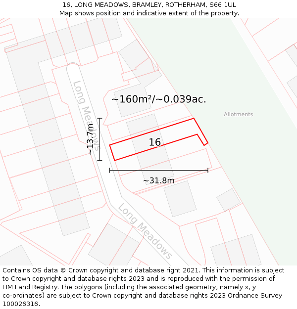 16, LONG MEADOWS, BRAMLEY, ROTHERHAM, S66 1UL: Plot and title map