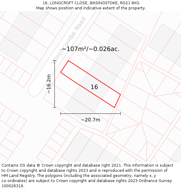 16, LONGCROFT CLOSE, BASINGSTOKE, RG21 8XG: Plot and title map