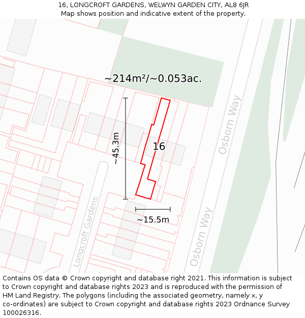 16, LONGCROFT GARDENS, WELWYN GARDEN CITY, AL8 6JR: Plot and title map