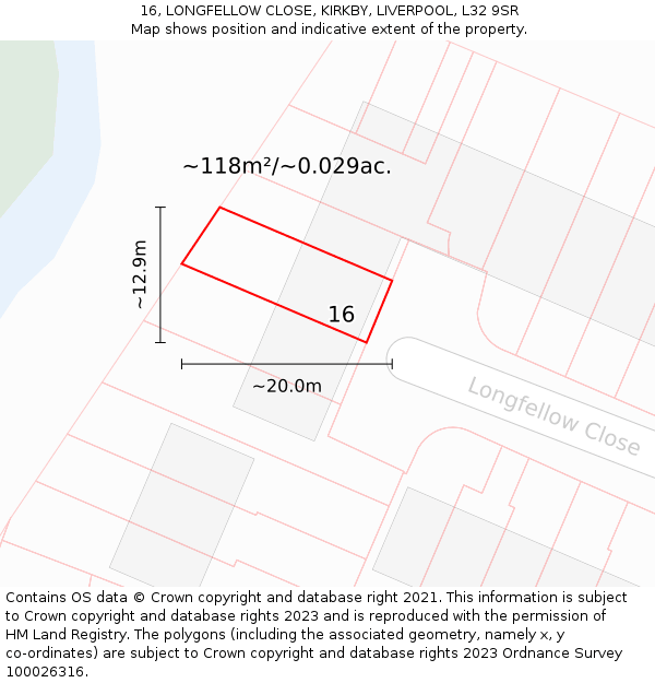 16, LONGFELLOW CLOSE, KIRKBY, LIVERPOOL, L32 9SR: Plot and title map